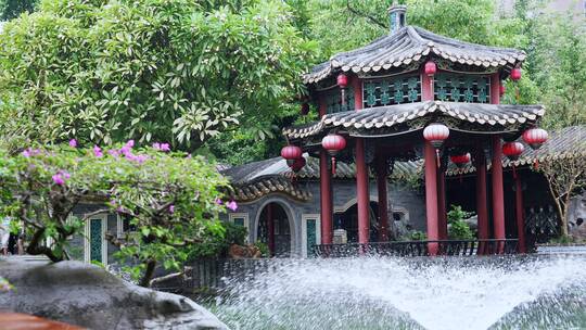 清晖园传统岭南园林古建筑景观喷泉视频素材模板下载