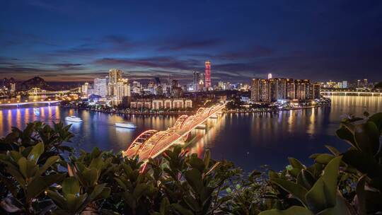 4K广西柳州半岛日转夜延时全景夜景夕阳高清在线视频素材下载