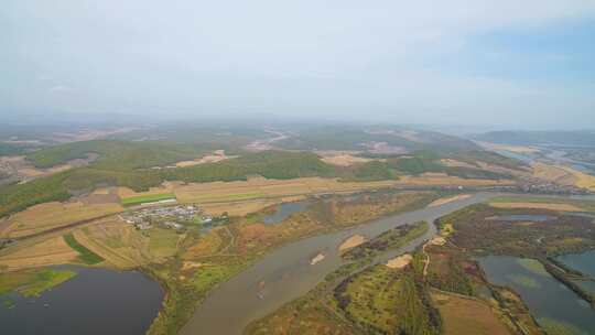 航拍吉林敦化市雁鸣湖湿地沼泽河流森林沼泽