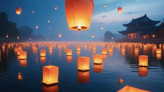 水面孔明灯与古建筑夜景