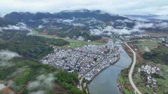 航拍江西上饶婺源江湾镇徽派建筑田园生态