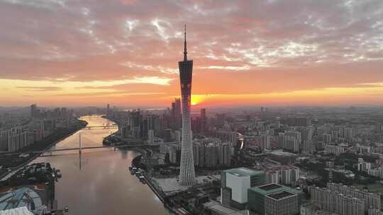 广州天河区CBD日出航拍