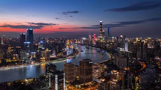 航拍上海滨江两岸城市CBD建筑群夜景