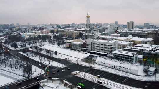 冬季空中城市中心景观河洛潘哈尔科夫