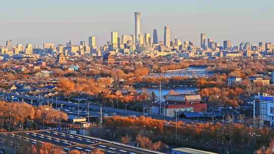 北京冬季国贸钟鼓楼北二环城市天际线夕阳