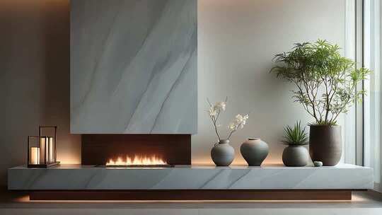 现代壁炉与室内植物的和谐之美