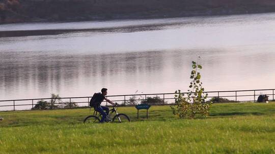 在草地上骑自行车的旅行者视频素材模板下载