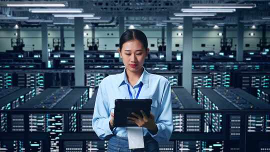 一位使用平板电脑的亚洲女商人在数据中心环