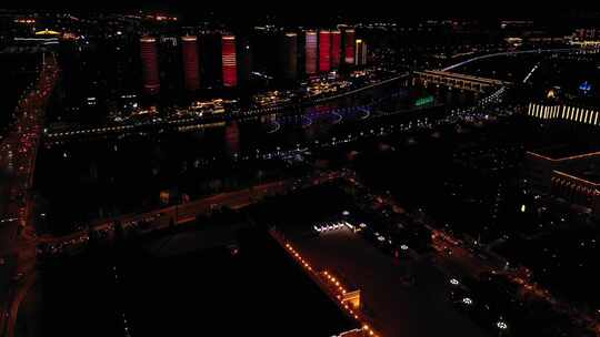 航拍内蒙古呼和浩特东河音乐喷泉夜景