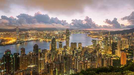 香港日转夜延时，香港夜景，维多利亚港