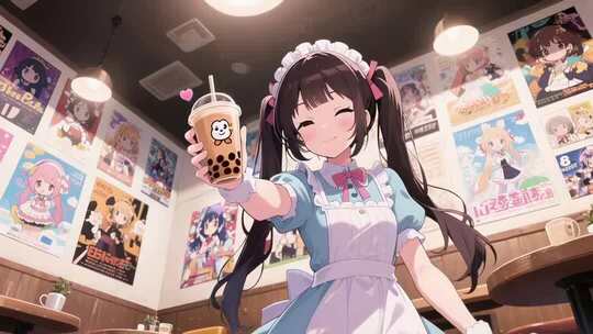 女仆装动漫人物递奶茶画面