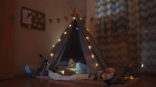 夜晚女孩躺在卧室的帐篷里看书视频素材模板下载