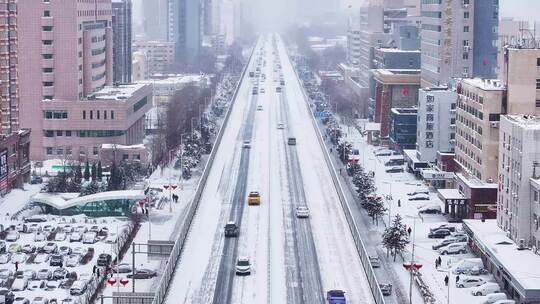 中国东北辽宁沈阳冬季雪后城市航拍