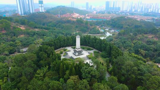 航拍广西陆川县公园人民英雄纪念碑