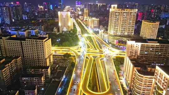 海南海口国贸大道城市夜景交通车流航拍