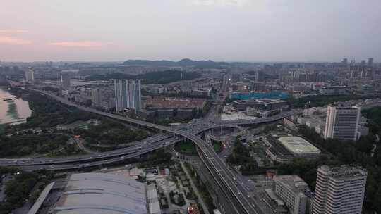 江苏南京夕阳晚霞夜幕降临夜景灯光航拍