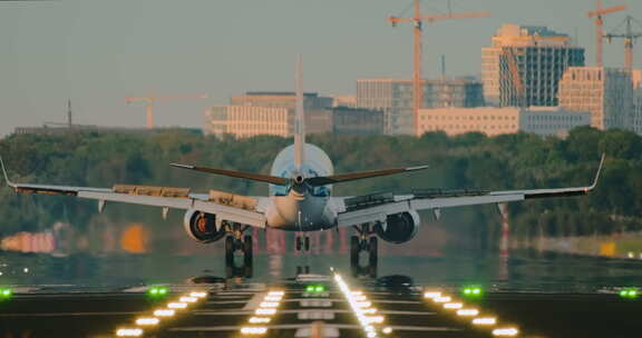 4K超清飞机降落城市机场