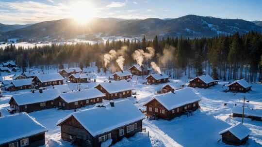 冬日山村雪景全景