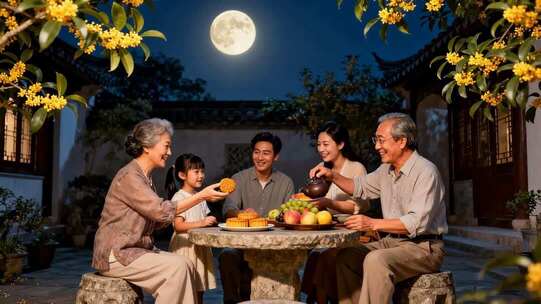 家庭中秋庭院赏月吃月饼