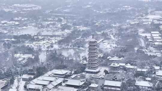 航拍扬州瘦西湖大明寺观音山宋夹城园林雪景