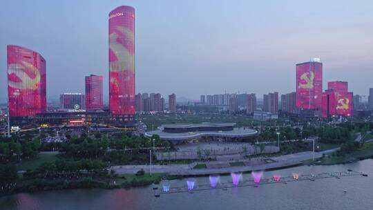 曹娥江夜景,喷泉,城市阳台,余坤国际广场