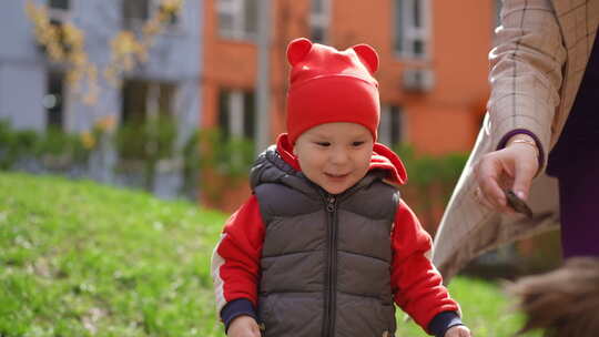 慢动作一个小孩子在春天散步时与宠物交流的