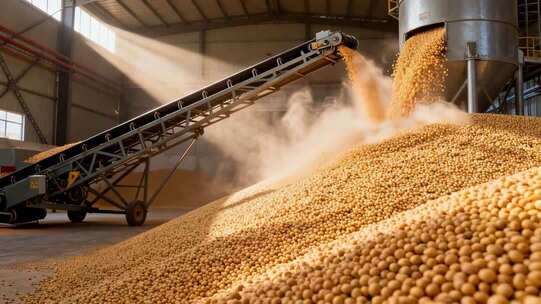 仓库内大豆通过传送带装卸