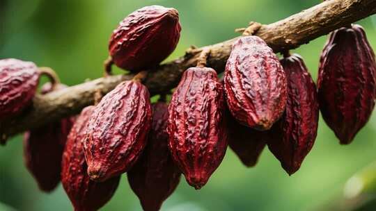 枝头成熟的可可果实特写