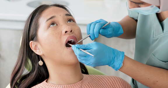 亚洲妇女、牙医和患者，在牙科护理中使用清
