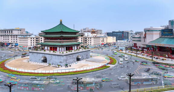 陕西省西安市钟楼在白天的延时摄影视频视频素材模板下载