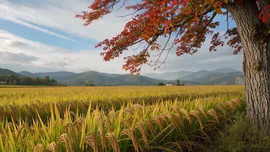 秋日稻田旁的红枫树风景