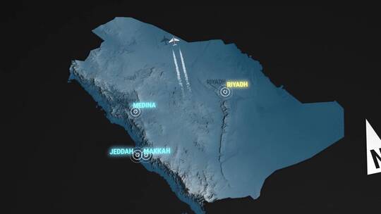 沙特阿拉伯地图航空航线视频素材模板下载