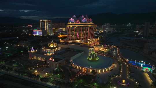 老挝金三角特区木棉之星酒店城市夜景航拍