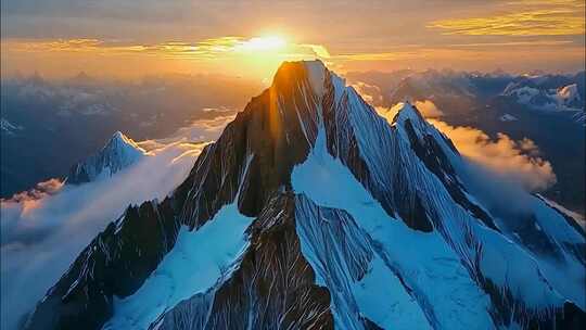 唯美雪山日照金山日出云海早晨清晨风景风光