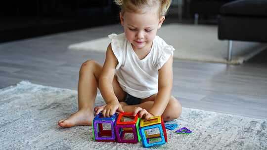 小女孩在家玩彩色磁铁塑料块套件