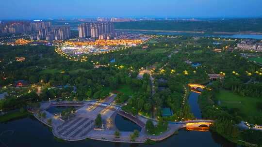 4K眉山市东坡城市湿地公园夜景傍晚