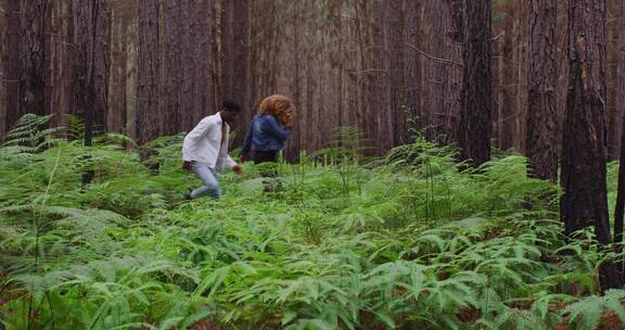 情侣在森林里散步