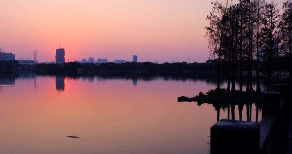 广州海珠湖公园日落夕阳倒映湖面唯美风光