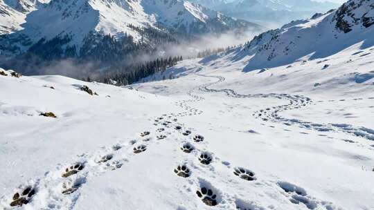 雪山雪地动物足迹自然风光