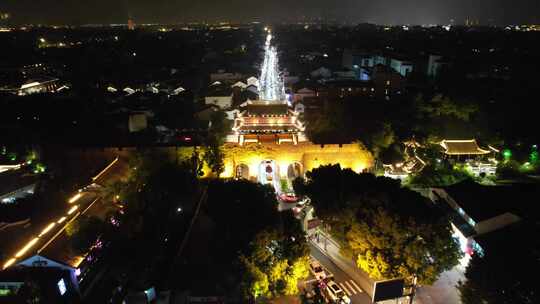 江苏苏州山塘街夜景灯光航拍