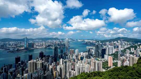 香港城市天际线全景延时航拍