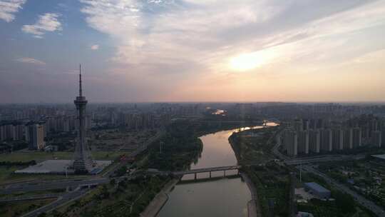 河南周口沙颍河夕阳晚霞航拍