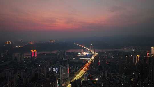 航拍宜昌城市建筑夜景晚霞