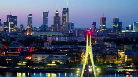 波兰华沙城市高楼黄昏航拍
