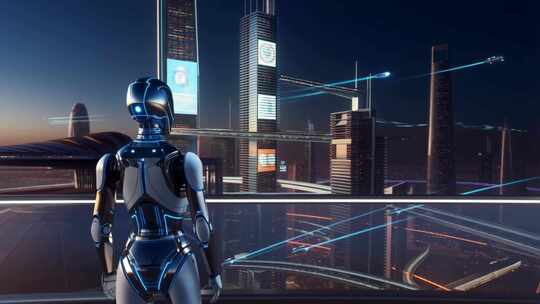 机器人眺望未来城市夜景