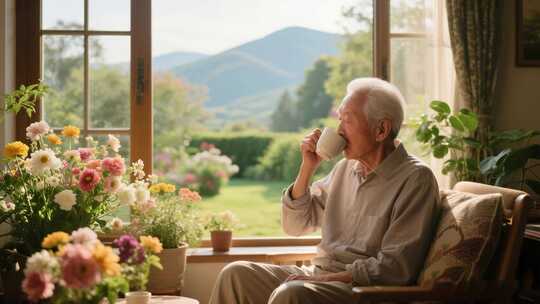 老人窗边坐椅上饮茶