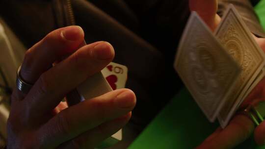 一个男人把扑克牌弹到手掌里