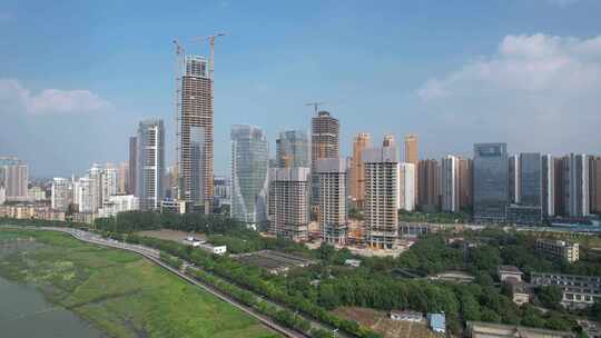航拍武汉城市规划建设中的商业地产建筑工地