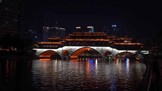 成都安顺廊桥夜景九眼桥夜晚水面灯光