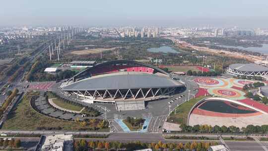 金华体育中心大型体育场外观鸟瞰全景